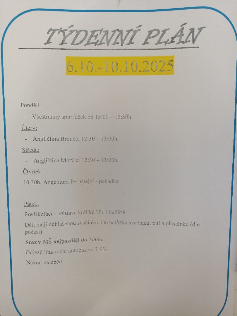 Týdenní plán od 6. do 10.10.2025