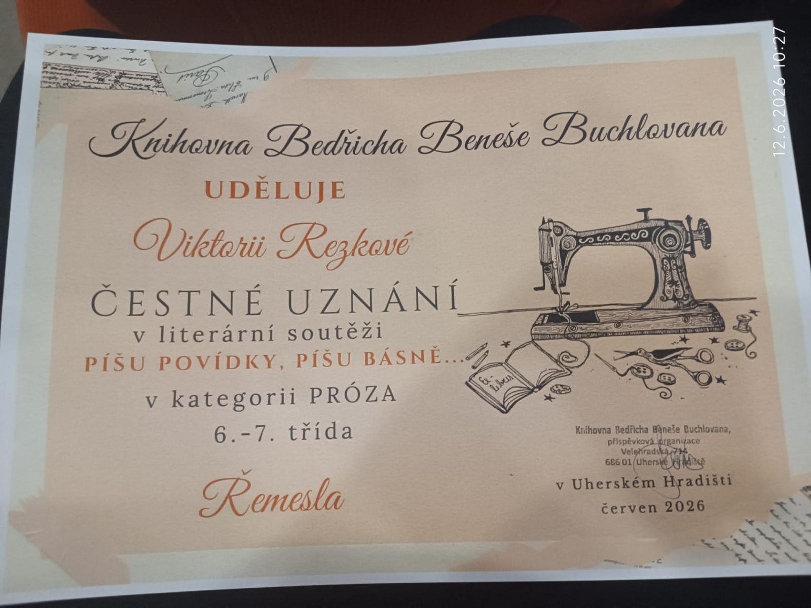 Čestné uznání pro Viktorku Rezkovou